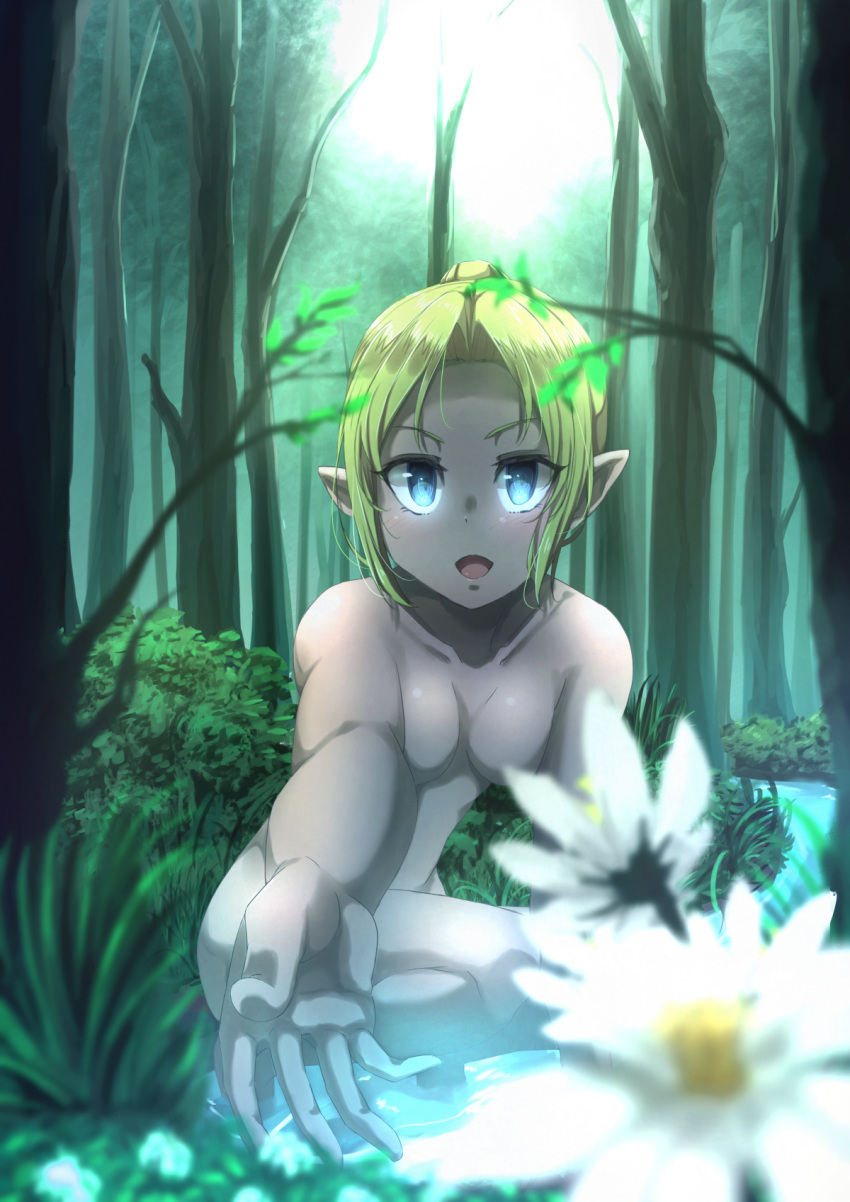 1girl blonde_hair blue_eyes blurry blurry_foreground blush branch breasts convenient_censoring elf eyebrows_visible_through_hair flower flower_censor forest grass hatohane_(tonnkotubird) leaf looking_at_viewer medium_breasts nature nude open_mouth original outdoors plant pointy_ears reaching reaching_out short_hair smile solo squatting tree wading water
