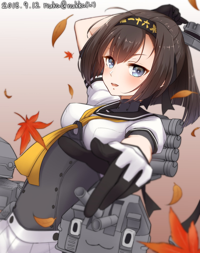 ahoge akizuki_(kantai_collection) artist_name black_hair chou-10cm-hou-chan clothes_writing commentary_request corset dated gradient gradient_background grey_eyes hachimaki hairband headband headgear highres kantai_collection looking_at_viewer neckerchief nuka_(nvkka) pleated_skirt ponytail rigging sailor_collar school_uniform serafuku skirt solo torpedo_launcher turret twitter_username white_skirt