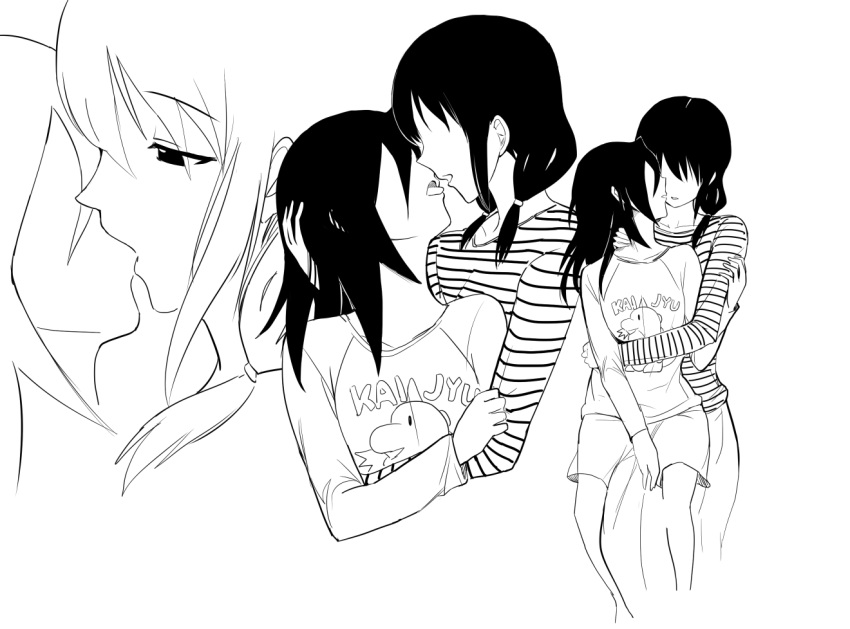 casual clothes_writing couple cyber_dragon-kun greyscale half-closed_eyes hand_on_another's_arm hand_on_another's_neck hidden_eyes hug hug_from_behind imminent_kiss kiss kuroki_tomoko low_twintails monochrome multiple_girls profile raglan_sleeves romaji shirt shorts skirt striped striped_shirt tamura_yuri twintails watashi_ga_motenai_no_wa_dou_kangaetemo_omaera_ga_warui! yuri