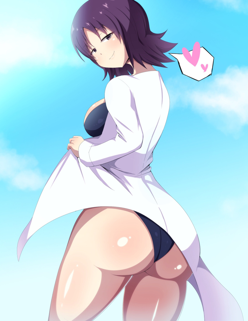 1girl artist_request ass blush breasts come_hither creatures_(company) from_behind game_freak heart huge_breasts labcoat looking_at_viewer looking_back nintendo pokemon pokemon_(anime) purple_eyes purple_hair shiny shiny_hair shiny_skin short_hair sideboob smile solo swimsuit uchikido_(pokemon)