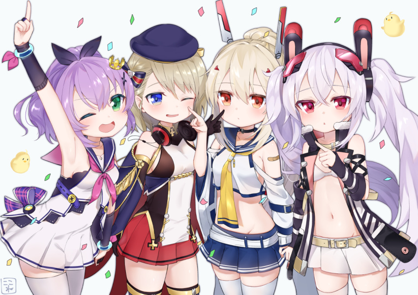 ;d animal_ears arm_up armpits artist_name ayanami_(azur_lane) azur_lane bandaid bangs bare_shoulders beret bikini_top black_gloves black_hairband black_jacket black_legwear black_ribbon blue_background blue_eyes blue_hat blue_skirt blush bow braid breasts bunny_ears commentary_request confetti cowboy_shot crop_top crown dress expressionless eyebrows_visible_through_hair finger_to_another's_cheek fingernails gloves green_eyes hair_between_eyes hair_bow hair_ornament hair_ribbon hairband hat headphones headphones_around_neck index_finger_raised jacket javelin_(azur_lane) koko_ne_(user_fpm6842) laffey_(azur_lane) light_brown_hair long_hair looking_at_viewer medium_breasts midriff mini_crown miniskirt multiple_girls navel one_eye_closed open_clothes open_jacket open_mouth outstretched_arm parted_lips pleated_dress pleated_skirt ponytail purple_hair red_eyes red_skirt remodel_(azur_lane) ribbon school_uniform serafuku shirt signature silver_hair simple_background skirt sleeveless sleeveless_shirt smile striped striped_bow thighhighs twintails very_long_hair white_bikini_top white_dress white_legwear white_shirt white_skirt yellow_neckwear z23_(azur_lane) zettai_ryouiki