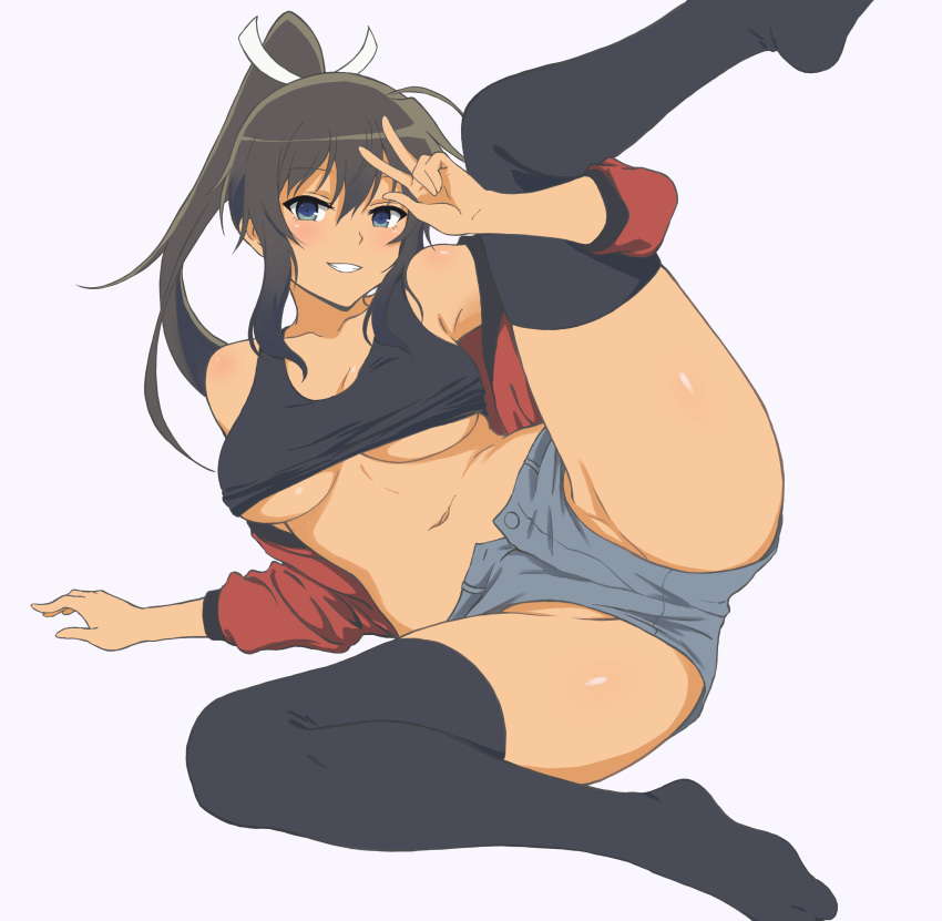 absurdres black_legwear blue_eyes blush breasts brown_hair collarbone dark_skin eyebrows_visible_through_hair hair_between_eyes high_ponytail highres homura_(senran_kagura) jacket large_breasts leg_lift long_hair looking_at_viewer lying mo3hig3 navel off_shoulder on_side open_clothes open_jacket parted_lips red_jacket senran_kagura short_shorts shorts simple_background smile solo thighhighs unbuttoned w white_background