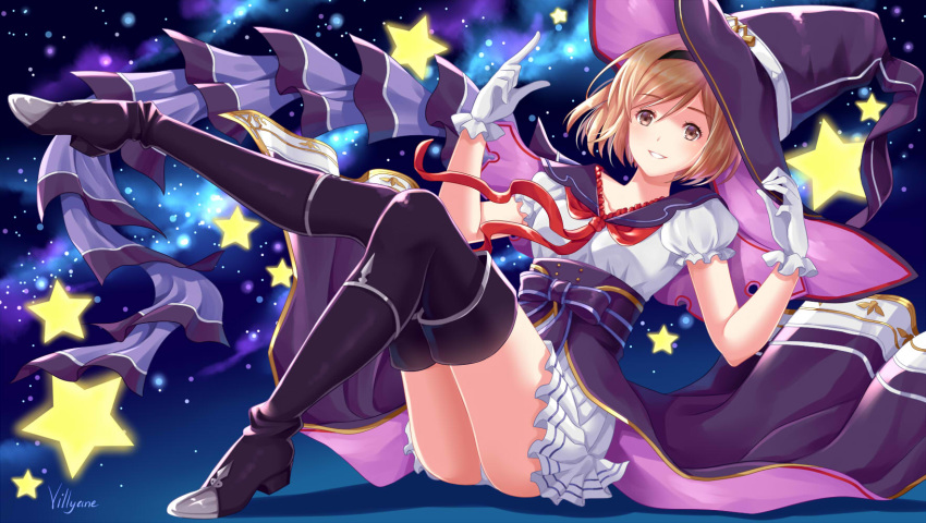 arm_up ass bangs black_footwear black_hairband black_legwear blush boots breasts brown_eyes collarbone commentary djeeta_(granblue_fantasy) eyebrows_visible_through_hair full_body gloves granblue_fantasy hair_between_eyes hairband hand_on_headwear hand_up hat highres index_finger_raised light_brown_hair panties parted_lips pleated_skirt puffy_short_sleeves puffy_sleeves purple_hat purple_sailor_collar red_neckwear sailor_collar school_uniform serafuku shirt short_hair short_sleeves signature skirt small_breasts smile solo star thigh_boots thighhighs underwear villyane warlock_(granblue_fantasy) white_gloves white_panties white_shirt white_skirt witch_hat