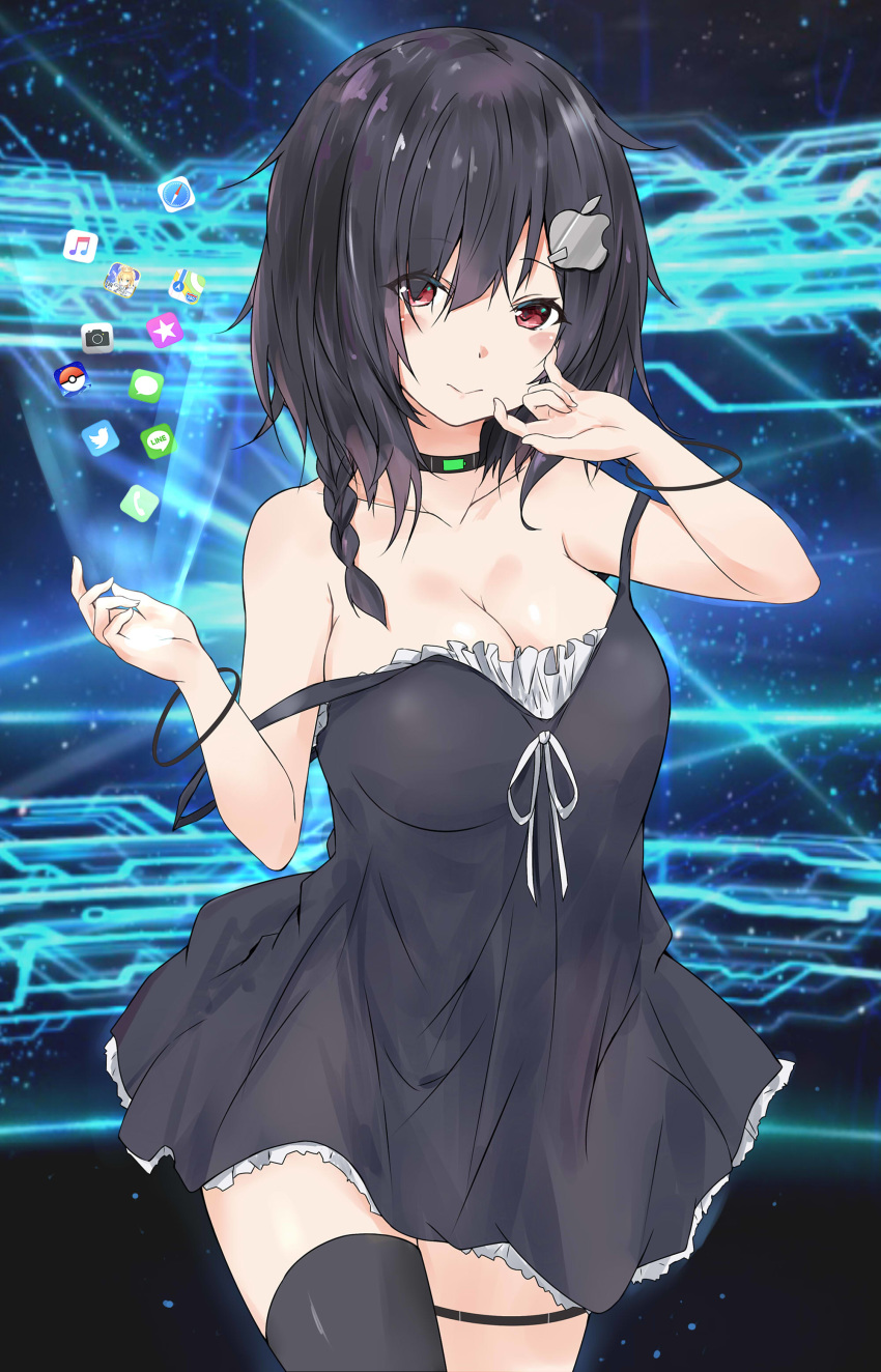 absurdres apple_inc. bare_shoulders black_dress black_hair black_legwear bracelet braid breasts cellphone choker cleavage commentary compass dress fate/grand_order fate_(series) hair_ornament hairclip highres icon iphone jewelry large_breasts line_(naver) long_hair looking_at_viewer musical_note off_shoulder original personification phone pokemon pokemon_go red_eyes saku_(kudrove) single_braid single_thighhigh smartphone solo star strap_slip symbol-shaped_pupils thighhighs twitter