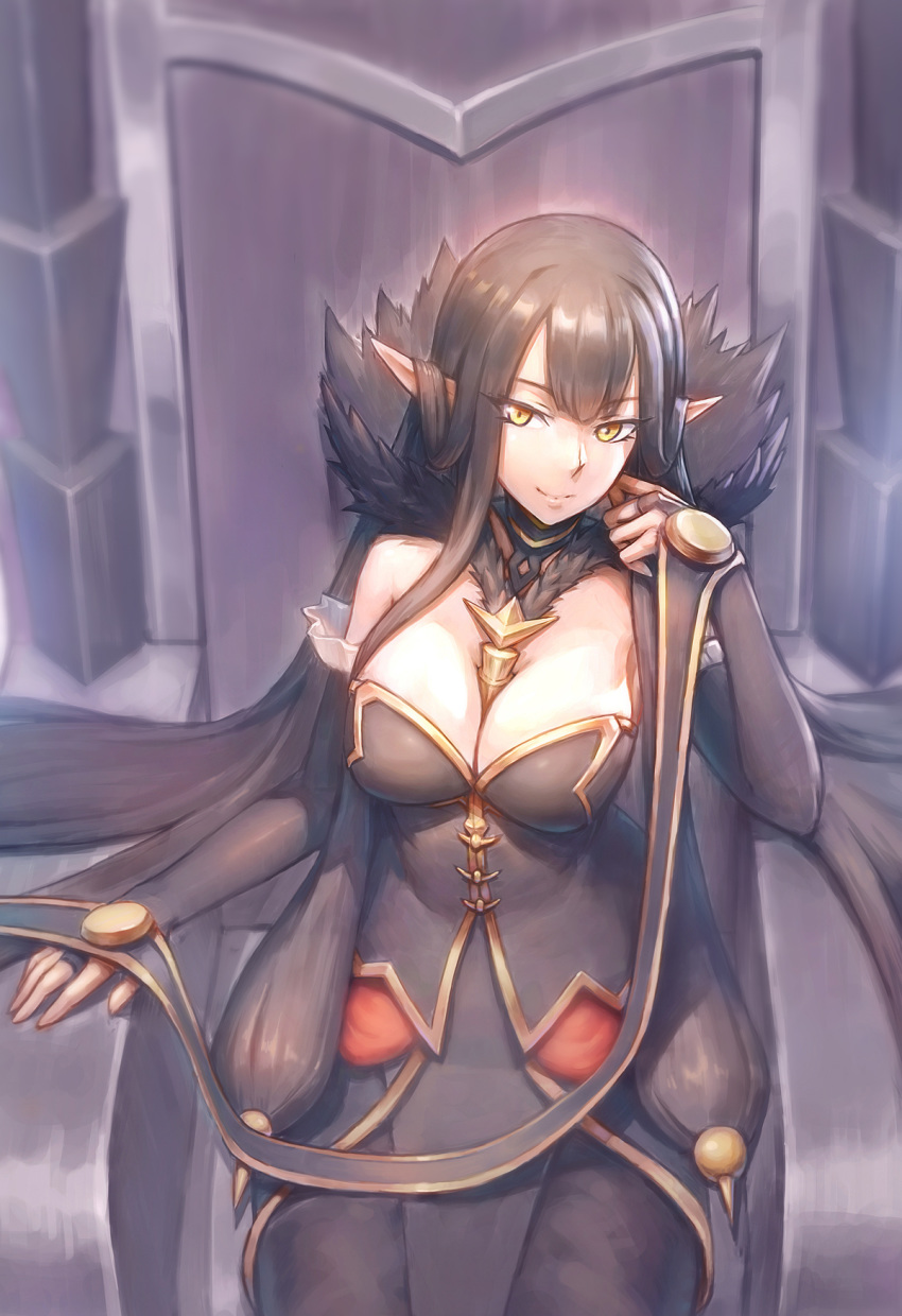bare_shoulders black_dress black_hair breasts bridal_gauntlets chair cleavage closed_mouth commentary detached_sleeves dress english_commentary facing_viewer fate/apocrypha fate/grand_order fate_(series) finger_to_cheek fur_trim hair_between_eyes highres indoors large_breasts long_dress long_hair looking_at_viewer pointy_ears queen semiramis_(fate) sitting smile spikes throne very_long_hair yatisi yellow_eyes