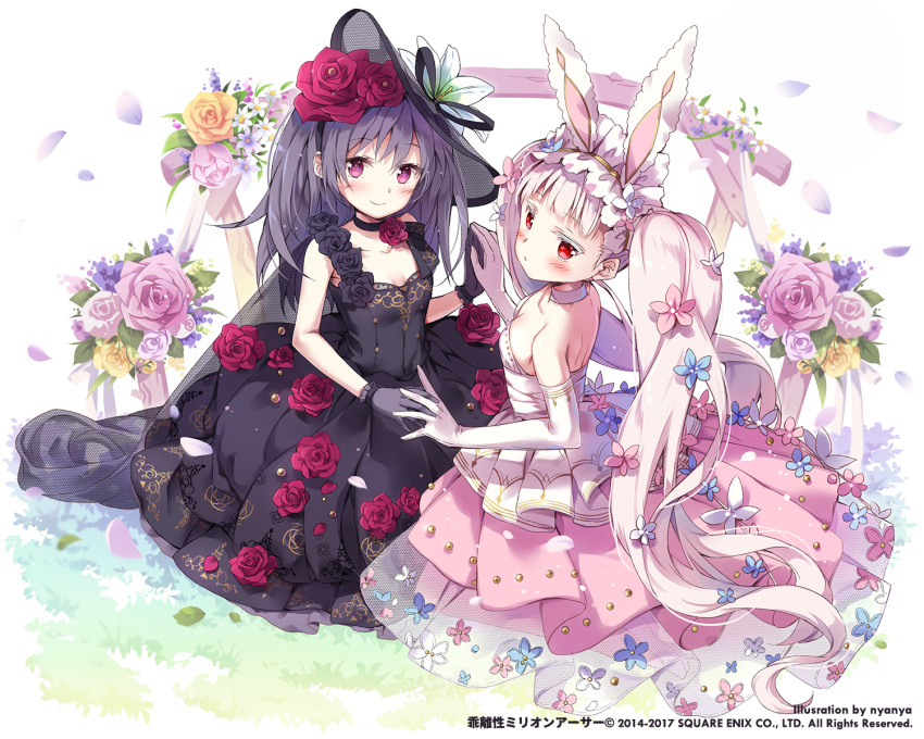 animal_ears bangs bare_shoulders black_dress blue_flower blush breasts bunny_ears character_request closed_mouth collarbone colored_eyelashes dress elbow_gloves eyebrows_visible_through_hair flower gloves grey_gloves hair_between_eyes hair_flower hair_ornament hat highres interlocked_fingers kai-ri-sei_million_arthur long_hair million_arthur_(series) multiple_girls nyanya official_art petals pink_flower pink_hair pink_skirt pleated_skirt purple_eyes purple_hair red_eyes red_flower red_rose rose rose_petals see-through shirt skirt sleeveless sleeveless_dress small_breasts smile strapless twintails very_long_hair watermark white_background white_flower white_gloves white_shirt yellow_flower yellow_rose
