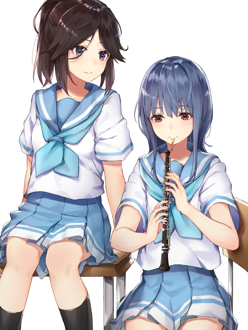 absurdres bangs black_cola black_legwear blue_eyes blue_neckwear blue_sailor_collar blue_skirt blush brown_eyes brown_hair chair closed_mouth commentary desk eyebrows_visible_through_hair hair_between_eyes heart heart-shaped_pupils hibike!_euphonium highres holding holding_instrument instrument kasaki_nozomi kneehighs mouth_hold multiple_girls neckerchief oboe on_desk parted_bangs pleated_skirt red_eyes reed_(instrument) sailor_collar school_chair school_desk school_uniform serafuku shirt short_sleeves simple_background sitting sitting_on_desk skirt symbol-shaped_pupils white_background white_shirt yoroizuka_mizore