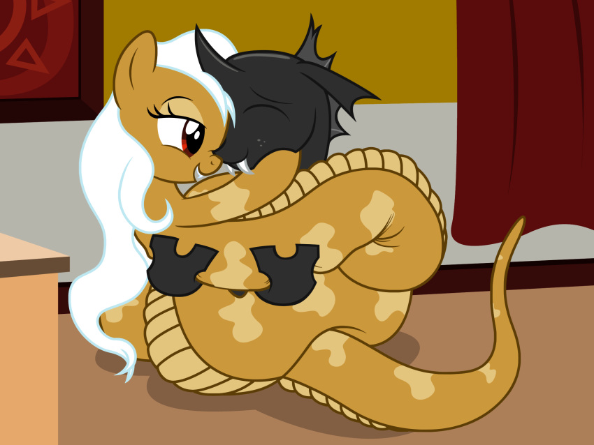 2018 badumsquish changeling coiling cuddling equine fan_character fangs female hair horse hug lamia long_hair male mammal my_little_pony ninia_(oc) pony prattle_(oc) red_eyes reptile scalie snake white_hair