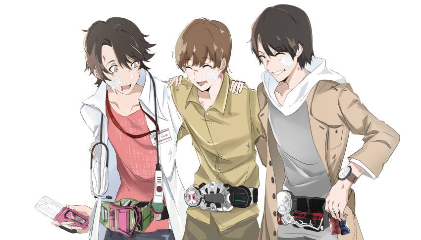 absurdres bandaid brown_hair bruise grin highres houjou_emu injury kamen_rider kamen_rider_build_(series) kamen_rider_ex-aid_(series) kamen_rider_zi-o_(series) kiryuu_sento labcoat long_coat male_focus multiple_boys name_tag rider_belt rider_gashat smile stethoscope tokiwa_sougo watch white_background wristwatch wuke_(hp421220153)