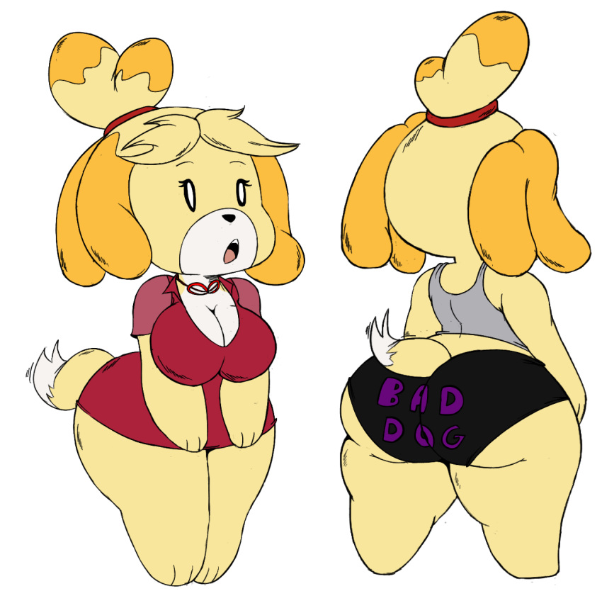animal_crossing anthro big_breasts big_butt breasts butt canine cleavage clothed clothing dog female isabelle_(animal_crossing) mammal nintendo short_stack somnamg thick_thighs video_games
