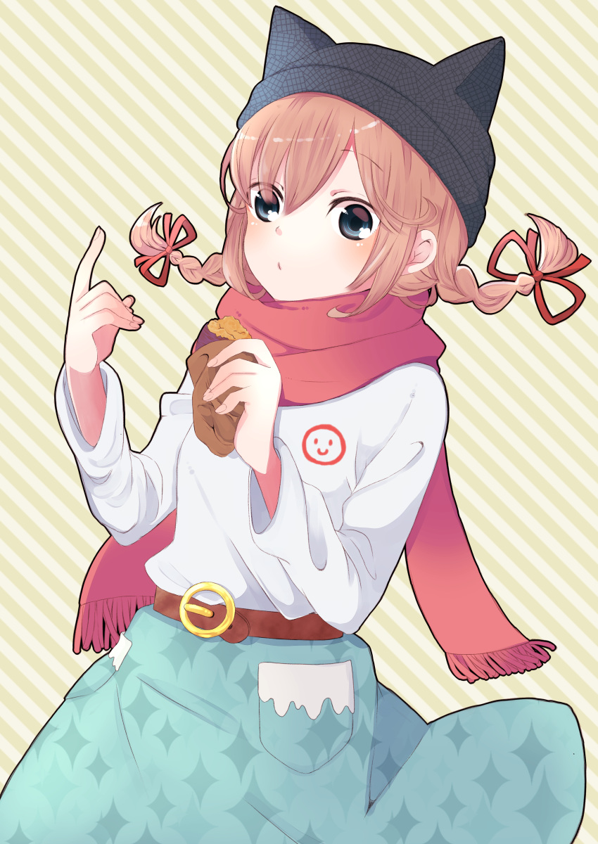 absurdres animal_ears animal_hat bad_id bad_pixiv_id bangs beanie belt belt_buckle blue_eyes blue_skirt blush braid brown_belt buckle cat_ears cat_hat closed_mouth commentary_request diagonal-striped_background diagonal_stripes eyebrows_visible_through_hair fingernails food hair_between_eyes hair_ribbon hat highres hiroshi_(jasinloki) holding holding_food light_brown_hair long_hair long_sleeves low_twintails original red_ribbon red_scarf ribbon scarf shirt skirt solo sparkle striped striped_background sweet_potato twin_braids twintails white_shirt yakiimo
