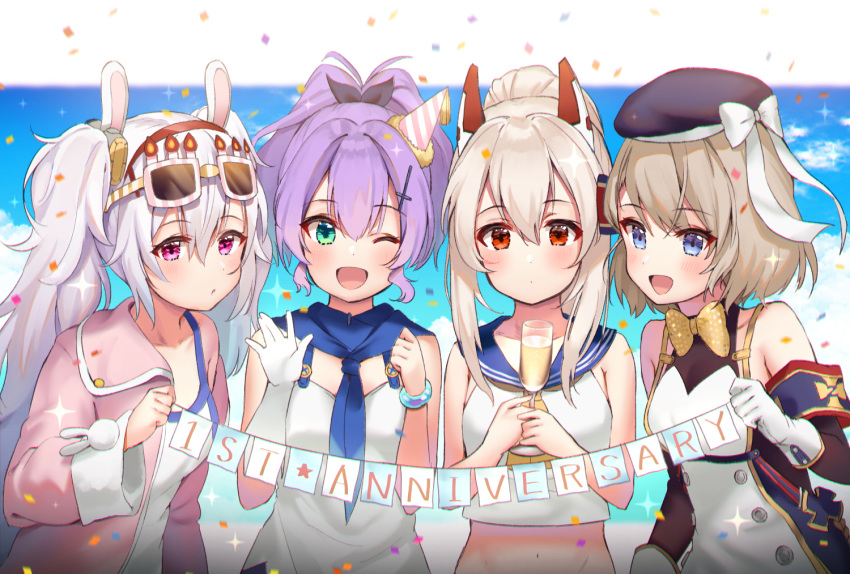 :d ;d alcohol animal_ears anniversary ayanami_(azur_lane) azur_lane bangs bare_shoulders beret black_ribbon blue_dress blue_eyes blue_hat blue_sailor_collar blue_sky blush bow bowtie breasts bunny_ears camisole champagne champagne_flute closed_mouth cloud commentary_request confetti cup day detached_sleeves dress drinking_glass eyebrows_visible_through_hair eyewear_on_head gloves green_eyes hair_between_eyes hair_ornament hair_ribbon hairband hat headgear high_ponytail holding holding_cup iron_cross jacket javelin_(azur_lane) kiyosato0928 laffey_(azur_lane) light_brown_hair long_sleeves looking_at_viewer mini_hat multiple_girls navel off_shoulder one_eye_closed open_mouth party_hat pink_jacket ponytail purple_eyes purple_hair red_eyes red_hairband ribbon sailor_collar school_uniform serafuku shirt silver_hair single_glove sky sleeveless sleeveless_dress small_breasts smile string_of_flags white_bow white_camisole white_gloves white_shirt wide_sleeves yellow_neckwear z23_(azur_lane)