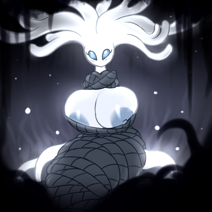 big_breasts blue_eyes blue_nipples bound breasts cleavage clothed clothing colored_sketch elfdrago female hollow_knight huge_breasts nipple_slip nipples sketch solo video_games white_lady_(hollow_knight) white_skin