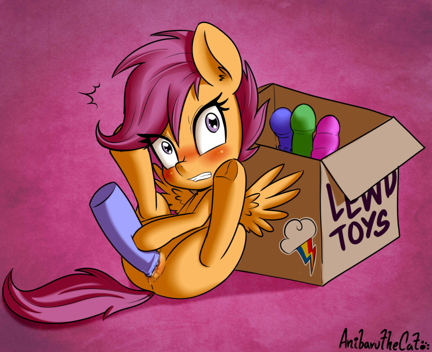 2018 angry anibaruthecat blush box cutie_mark dildo english_text equine eyelashes female feral friendship_is_magic hair hi_res hooves horse mammal masturbation my_little_pony pegasus penetration pony pussy pussy_juice rainbow_dash_(mlp) scootaloo_(mlp) sex_toy solo spread_legs spreading text underhoof wings young