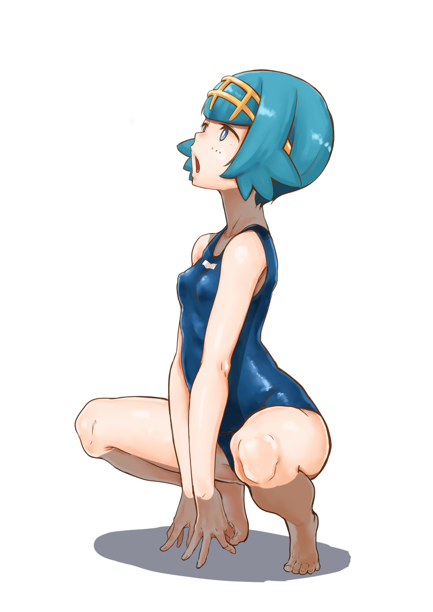 1girl ac_butsupa arm_support bare_arms bare_legs bare_shoulders barefoot blue_eyes blue_hair breasts creatures_(company) feet freckles full_body game_freak hairband legs_apart looking_up nintendo one-piece_swimsuit open_mouth pokemon pokemon_(game) pokemon_sm school_swimsuit shadow short_hair simple_background small_breasts solo squatting suiren_(pokemon) swimsuit tiptoes trial_captain white_background white_pupils