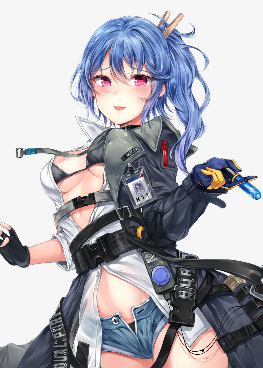 :p absurdres asymmetrical_gloves bangs bikini black_bikini black_gloves blue_shorts blush breasts clothes_pin coat collarbone commentary cowboy_shot dress explosive eyebrows eyebrows_visible_through_hair fingerless_gloves girls_frontline gloves grenade grey_background grey_coat hair_between_eyes highres holding_grenade jewelry k11_(girls_frontline) leather_choker long_hair long_shirt long_sleeves looking_at_viewer medium_breasts messy_hair midriff multimeter multiple_straps name_tag open_clothes open_coat painteen parted_lips see-through shirt short_shorts shorts side_ponytail sidelocks simple_background single_fingerless_glove skindentation smile solo stomach swimsuit tongue tongue_out trench_coat unbuttoned_pants white_shirt