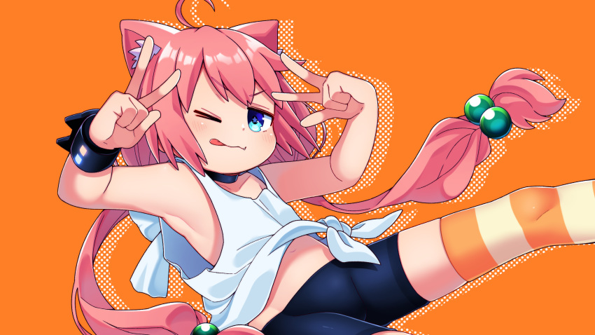 :p ahoge animal_ears armpits arms_up bike_shorts blue_eyes cat_ears choker commentary_request double_v hair_bobbles hair_ornament highres hinata_channel long_hair low_twintails midriff navel nekomiya_hinata one_eye_closed pink_hair shorts smile solo striped striped_legwear thighhighs tongue tongue_out twintails v vest virtual_youtuber watch wenaka_yuuji white_vest wristwatch