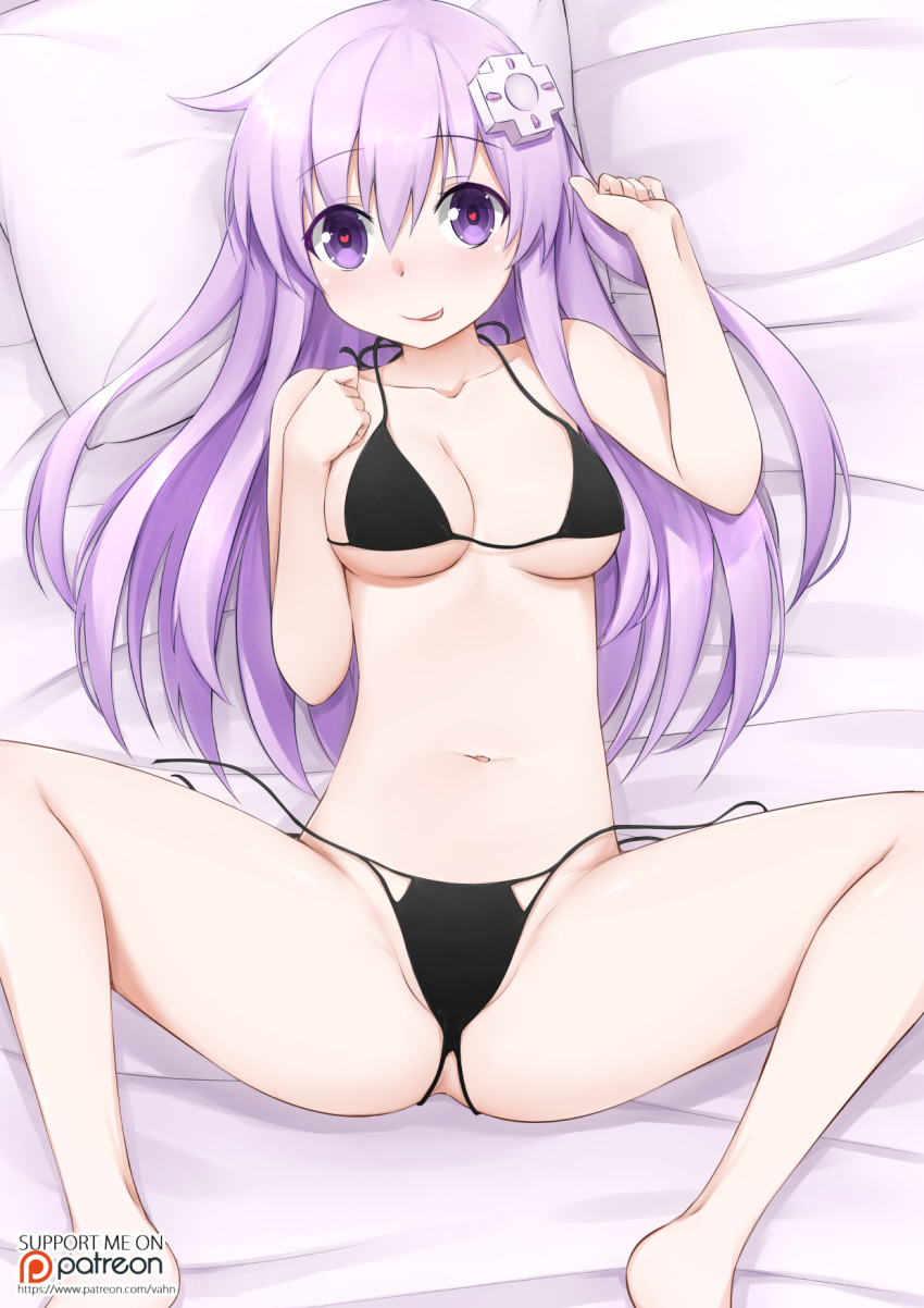 bed bikini black_bikini breasts d-pad d-pad_hair_ornament eyebrows_visible_through_hair from_above hair_ornament highres long_hair looking_at_viewer lying navel nepgear neptune_(series) on_back on_bed patreon_username pillow purple_eyes purple_hair solo spread_legs swimsuit vahn_yourdoom