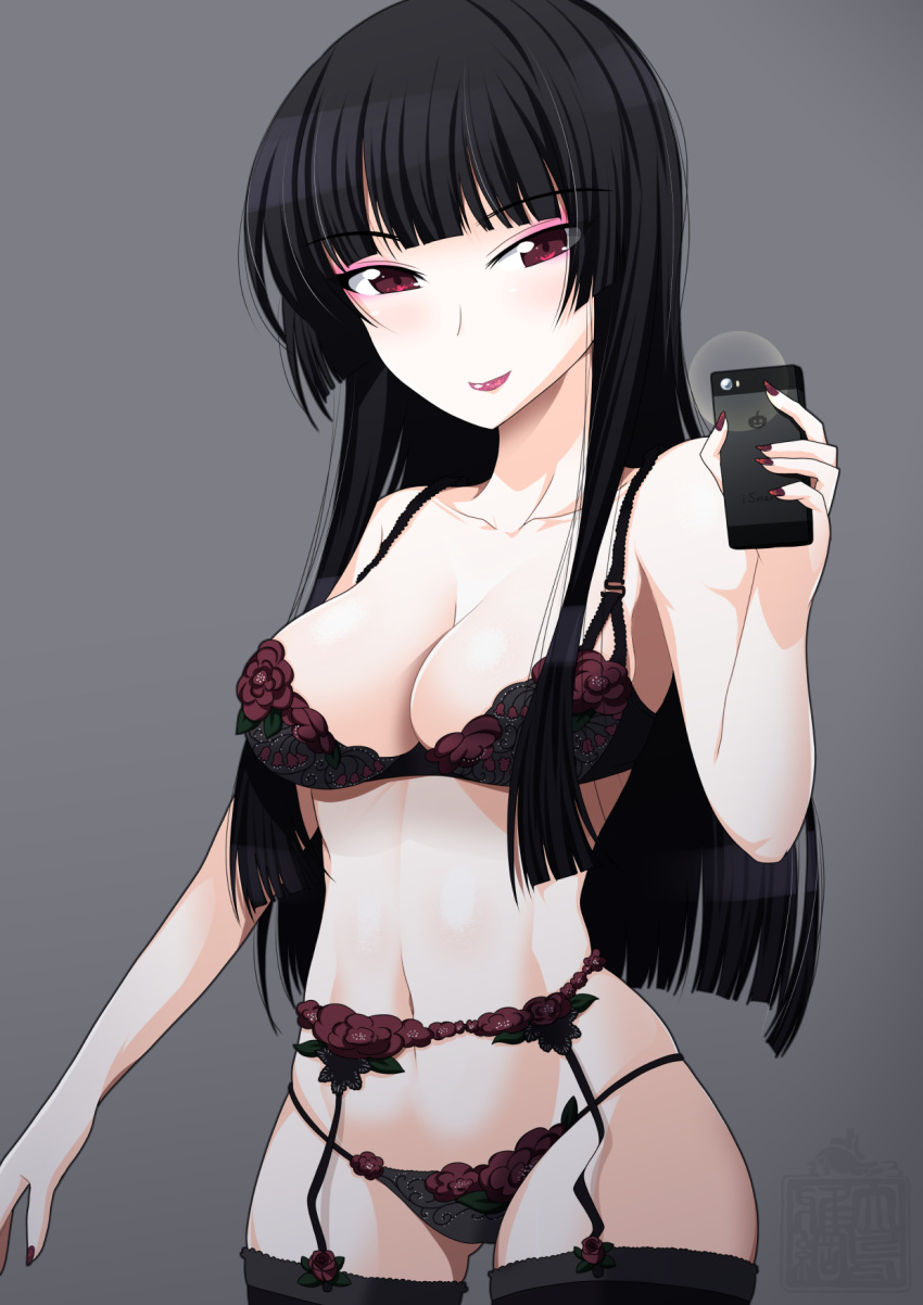ass_visible_through_thighs bangs black_bra black_hair black_legwear black_panties bra breasts cellphone cleavage closed_mouth collarbone commentary cowboy_shot eyebrows_visible_through_hair grey_background highres hime_cut holding holding_cellphone holding_phone lingerie lips lipstick long_hair looking_at_viewer makeup mascara medium_breasts nail_polish navel ootori_masatsuna original panties phone purple_lipstick purple_nails self_shot smartphone smile solo standing string_panties thighhighs underwear underwear_only watermark
