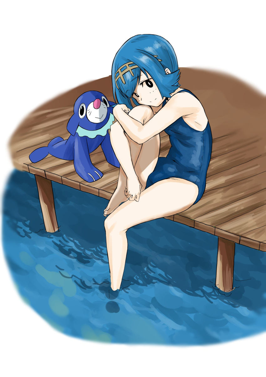 1girl ac_butsupa bare_arms bare_shoulders barefoot black_eyes blue_hair closed_mouth creatures_(company) dock game_freak gen_7_pokemon hairband head_on_knee head_rest head_tilt knee_up leg_hug looking_at_viewer looking_to_the_side nintendo one-piece_swimsuit pokemon pokemon_(creature) pokemon_(game) pokemon_sm popplio school_swimsuit short_hair sitting smile soaking_feet suiren_(pokemon) swimsuit trial_captain water white_pupils