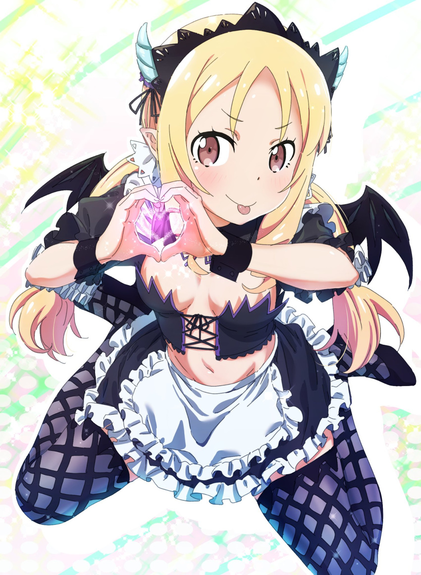 apron black_hairband black_ribbon black_skirt black_wings blonde_hair blush breasts brown_eyes choker cleavage corset demon_wings eromanga_sensei fake_horns floating_hair frilled_apron frilled_skirt frills full_body grin hair_ribbon hairband heart heart_hands highres kneeling long_hair looking_at_viewer miniskirt mouth_hold navel pink_x pointy_ears ribbon skirt small_breasts smile solo stomach strapless thighhighs twintails waist_apron white_apron wings wristband yamada_elf