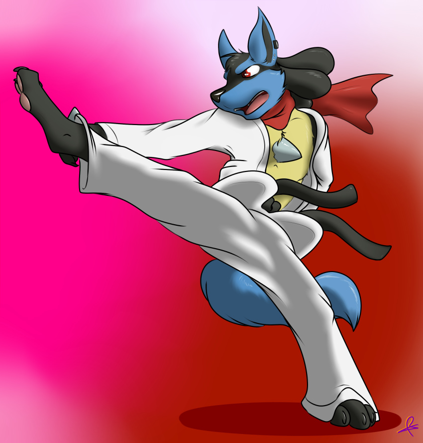 2016 3_toes action_pose anthro barefoot claws clothed clothing galileo_star karate_uniform kick kotetsu_rexen lucario male nintendo pawpads pok&eacute;mon pok&eacute;mon_(species) pose scarf signature simple_background solo toe_claws toes uniform video_games