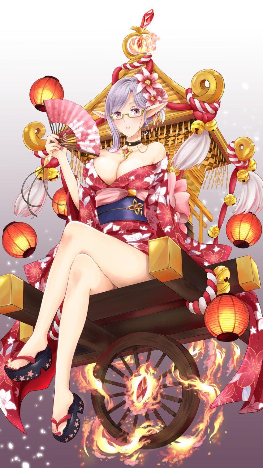 bare_shoulders bell black_choker breasts check_copyright choker cleavage commentary_request crossed_legs earrings eldis_(teria_saga) elf fan fire floral_print flower folding_fan fuurinrin5 gem glasses grey_background hair_flower hair_ornament hand_up highres japanese_clothes jewelry jingle_bell kimono large_breasts looking_at_viewer nail_polish paper_fan parted_lips pointy_ears red_kimono red_nails silver_hair sitting solo teria_saga toenail_polish wagon