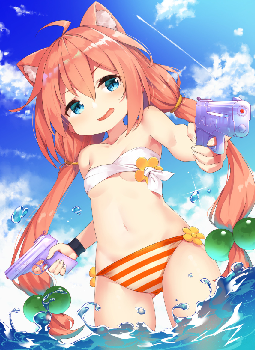 ahoge animal_ear_fluff animal_ears armpits ass_visible_through_thighs bandeau bangs bikini blue_eyes blue_sky breasts cat_ears cloud commentary_request day dual_wielding hair_between_eyes hair_bobbles hair_ornament highres hinata_channel holding long_hair low_twintails navel nekomiya_hinata open_mouth outdoors outstretched_arm pink_hair sky small_breasts smile solo stomach striped_bikini_bottom swimsuit thighs twintails virtual_youtuber wading water water_drop water_gun wristband yuuuuu