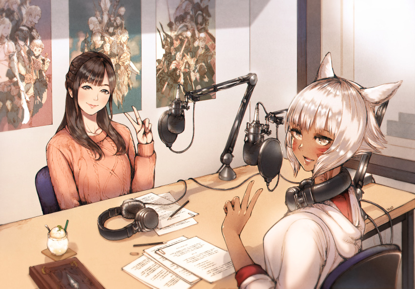absurdres animal_ears black_hair blush book brown_eyes cat_ears commentary_request facial_mark final_fantasy final_fantasy_xiv haimerejzero headphones highres hood hood_down hoodie indoors kayano_ai long_hair looking_at_viewer looking_back microphone miqo'te multiple_girls open_mouth poster_(object) recording_studio seiyuu seiyuu_connection short_hair silver_eyes silver_hair sitting smile sweater v window y'shtola_rhul