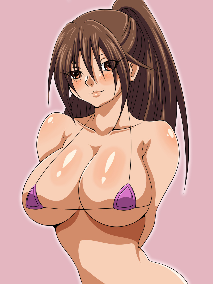 00s 1girl arms_behind_back bikini blush breasts brown_eyes brown_hair cleavage eyebrows_visible_through_hair eyes_visible_through_hair ichigo_100_percent inabakun00 kitaooji_satsuki large_breasts light_smile long_hair looking_at_viewer matching_hair/eyes micro_bikini pink_background pink_bikini ponytail simple_background solo standing swimsuit