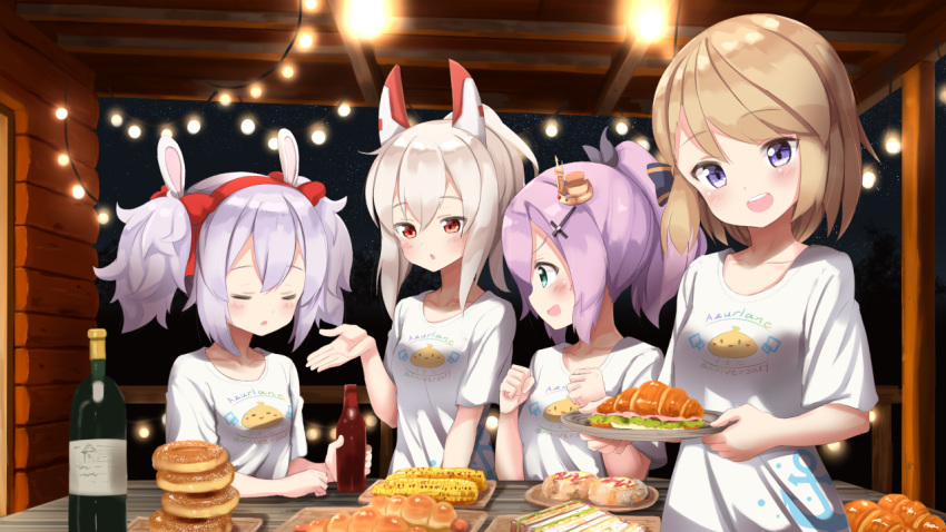 :d alternate_hair_length alternate_hairstyle ame. animal_ears anniversary ayanami_(azur_lane) azur_lane bangs black_ribbon blush bottle bow breasts bunny_ears christmas_lights clenched_hands closed_eyes commentary_request copyright_name crown eyebrows_visible_through_hair food green_eyes hair_between_eyes hair_bow hair_ornament hair_ribbon hairband hand_up headgear holding holding_bottle holding_tray javelin_(azur_lane) laffey_(azur_lane) light_brown_hair matching_outfit mini_crown multiple_girls night night_sky open_mouth parted_lips ponytail purple_eyes purple_hair red_bow red_eyes red_hairband ribbon round_teeth shirt short_sleeves sidelocks silver_hair sky small_breasts smile star_(sky) starry_sky teeth tray upper_teeth white_shirt z23_(azur_lane)