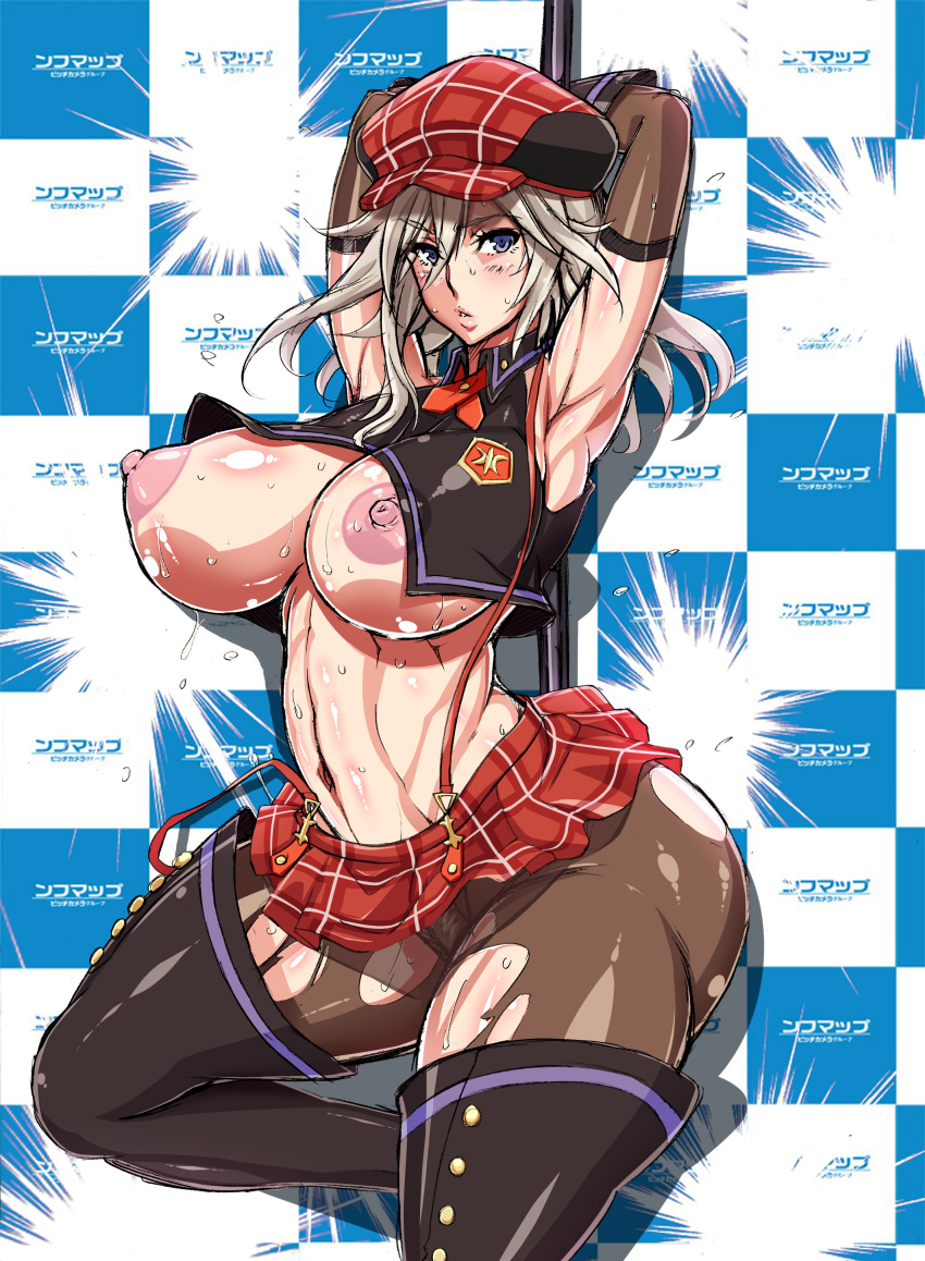 10s 1girl abs alisa_ilinichina_amiella ando_hiroyuki areolae bare_shoulders blue_eyes blush breasts breasts_outside curvy female god_eater highres huge_breasts looking_at_viewer muscle navel nipples puffy_nipples silver_hair solo toned wide_hips