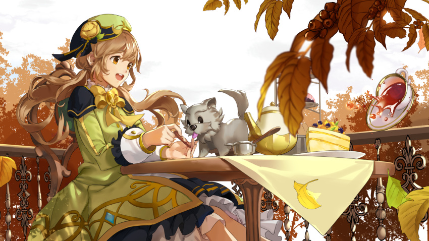 :d autumn_leaves bad_id bad_pixiv_id black_skirt bow brown_eyes cake cup ddaomphyo dog dress food green_dress green_hat hat hat_ornament leaf licking long_hair mano_(teria_saga) maple_leaf open_mouth outdoors plate profile railing sitting skirt slice_of_cake smile spill table teacup teapot teria_saga tiered_tray twintails white_sky yellow_bow