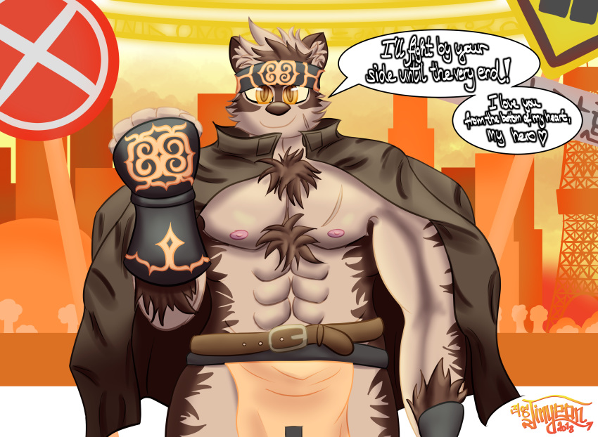 &lt;3 16:9 2018 5_fingers abs absurd_res anthro belt biceps brown_fur building canine chest_tuft city cityscape clothed clothing detailed_background dialogue digital_drawing_(artwork) digital_media_(artwork) english_text front_view fur gloves hair headband hi_res horkeukamui inner_ear_fluff jacket jinyeon loincloth looking_at_viewer male mammal multicolored_fur multicolored_hair muscular muscular_male nipples orange_eyes partially_clothed pink_nipples road_sign scar short_hair smile solo standing sunset text tokyo_afterschool_summoners tuft two_tone_fur two_tone_hair video_games white_fur wolf