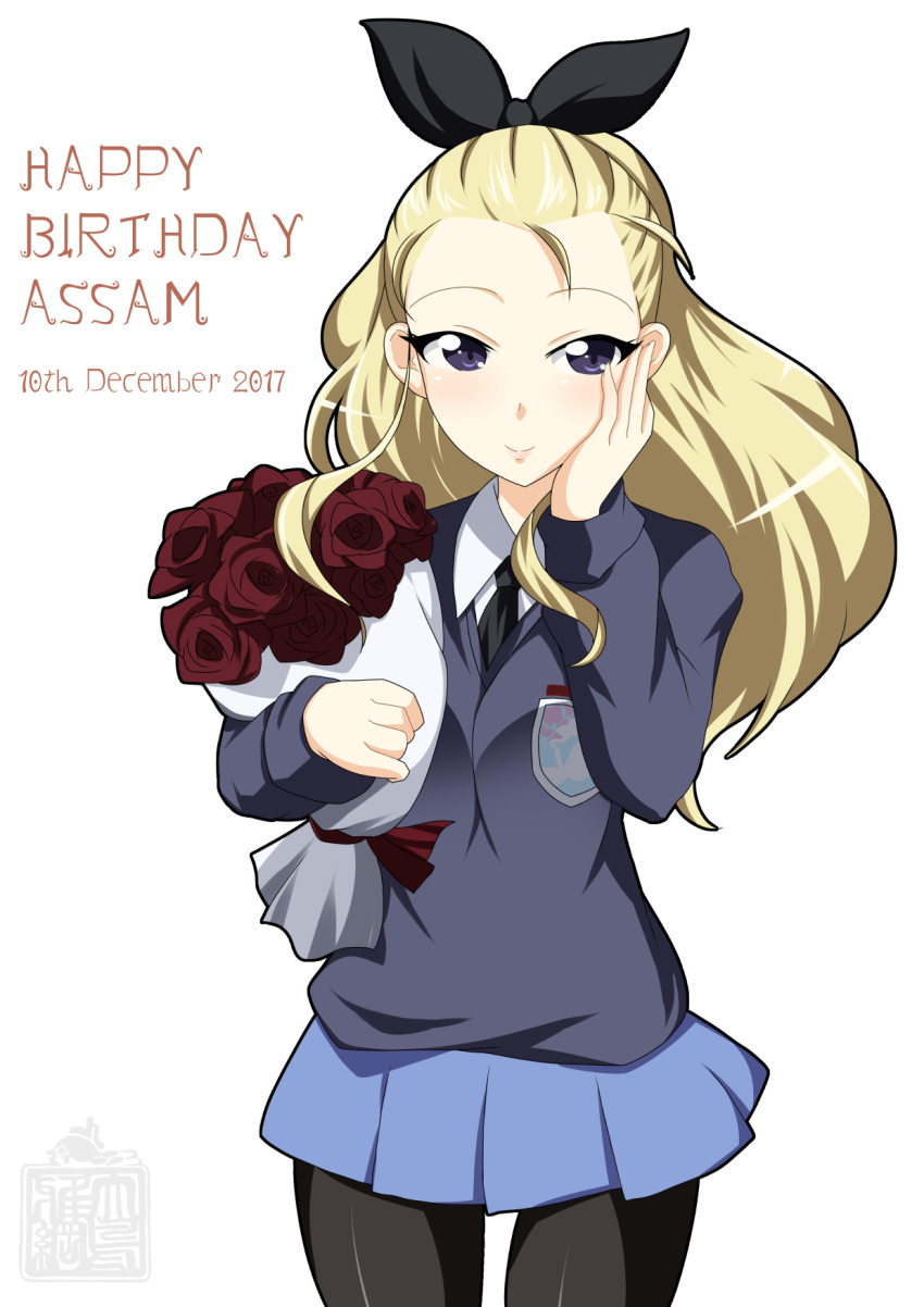 assam black_legwear black_neckwear black_ribbon blonde_hair blue_eyes blue_skirt blue_sweater bouquet character_name closed_mouth commentary cowboy_shot dated dress_shirt emblem flower girls_und_panzer hair_pulled_back hair_ribbon hand_on_own_face happy_birthday highres holding holding_bouquet long_hair long_sleeves looking_at_viewer miniskirt necktie ootori_masatsuna pantyhose pleated_skirt red_flower red_rose ribbon rose school_uniform shirt skirt smile solo st._gloriana's_(emblem) st._gloriana's_school_uniform standing sweater v-neck watermark white_background white_shirt wing_collar