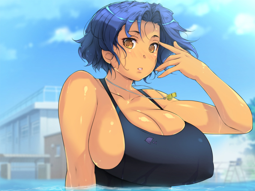1girl bare_arms bare_shoulders blue_hair blush breasts cleavage clouds dark_skin day erect_nipples floating_hair highres huge_breasts looking_at_viewer original outdoors parted_lips partially_submerged pool shiny shiny_skin short_hair sky solo swimsuit tan tomo_mama_wo_yobisute_ni_shinagara_hametai:_majime_mizugi_hen upper_body water wet wet_clothes whistle yellow_eyes yoko_juusuke