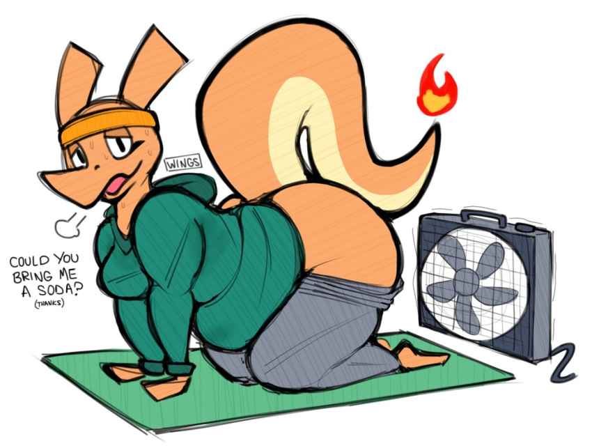 aimbot-jones anthro belly big_belly big_butt breasts butt charizard cleavage clothed clothing dragon exercise fan_(disambiguation) female fire headband hoodie navel nintendo overweight pants pok&eacute;mon pok&eacute;mon_(species) pok&eacute;morph scalie solo sweat sweatband sweatshirt text thick_thighs valentina_(aimbot-jones) video_games wide_hips