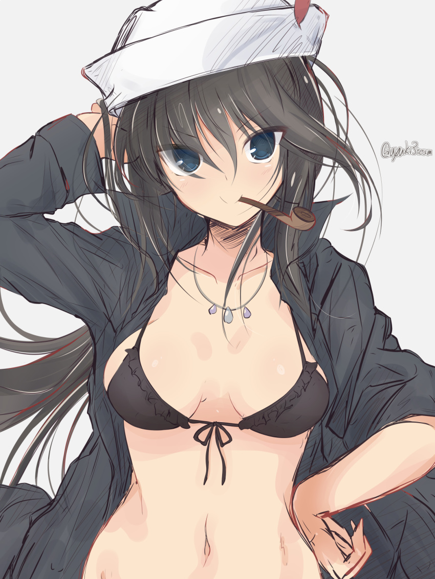 adjusting_clothes adjusting_hat bangs bikini black_bikini black_coat black_eyes black_hair breasts closed_mouth coat commentary dark_skin dixie_cup_hat front-tie_bikini front-tie_top getsumen_suibaku_ver._a(c) girls_und_panzer grey_background hair_over_one_eye hand_on_hip hat hat_feather highres jewelry long_hair long_sleeves looking_at_viewer medium_breasts military_hat mouth_hold navel necklace ogin_(girls_und_panzer) open_clothes open_coat pipe ponytail simple_background sleeves_rolled_up smile solo standing swimsuit twitter_username upper_body v-shaped_eyebrows white_hat