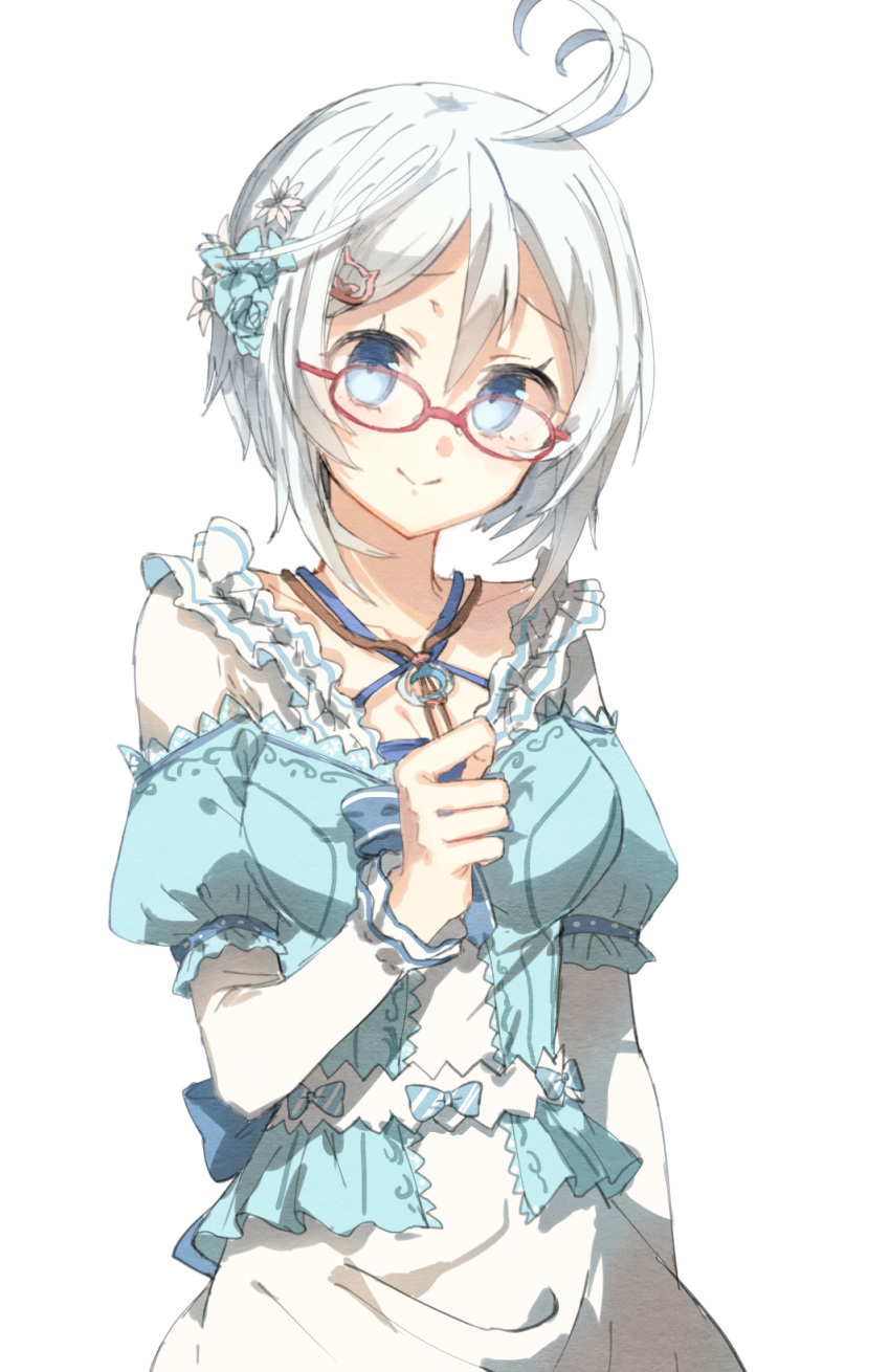 antenna_hair arm_at_side blue_bow blue_eyes bow chibirisu closed_mouth dennou_shoujo_youtuber_shiro flower glasses hair_between_eyes hand_up hat hat_flower highres long_sleeves looking_at_viewer puffy_short_sleeves puffy_sleeves red-framed_eyewear shiro_(dennou_shoujo_youtuber_shiro) short_hair short_over_long_sleeves short_sleeves simple_background smile solo virtual_youtuber white_background white_hair