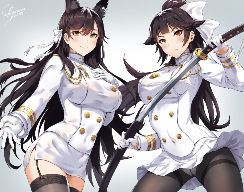 animal_ears artist_name atago_(azur_lane) azur_lane black_hair black_legwear blue_background blush breasts brown_eyes closed_mouth commentary_request covered_nipples cowboy_shot drawing_sword extra_ears frown garter_straps gloves gusset hair_ribbon highres holding holding_sheath holding_sword holding_weapon jacket katana large_breasts legs_apart long_hair long_sleeves looking_at_viewer military military_uniform miniskirt mole mole_under_eye multiple_girls naval_uniform outstretched_arm panties panties_under_pantyhose pantyhose pencil_skirt ponytail reaching_out ribbon sakiyamama sheath signature simple_background skirt smile standing sword takao_(azur_lane) thighband_pantyhose thighhighs underwear uniform unsheathing weapon white_background white_gloves white_jacket white_panties white_skirt zettai_ryouiki