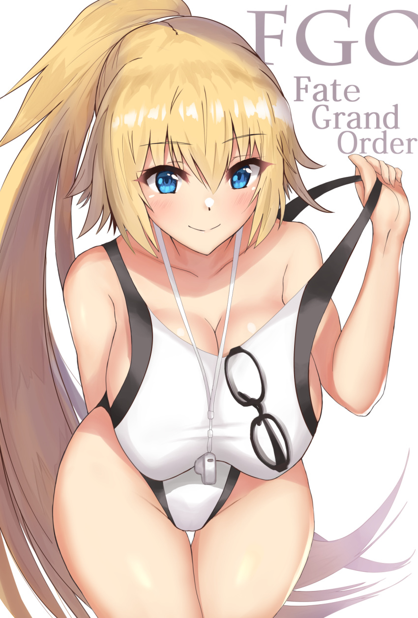 akatsuki_ikki arm_behind_back bangs bent_over blonde_hair breasts cleavage collarbone competition_swimsuit copyright_name cowboy_shot eyebrows_visible_through_hair fate/grand_order fate_(series) glasses highres jeanne_d'arc_(fate)_(all) jeanne_d'arc_(swimsuit_archer) large_breasts long_hair looking_at_viewer one-piece_swimsuit ponytail smile solo strap_lift swimsuit very_long_hair whistle whistle_around_neck white_background white_swimsuit