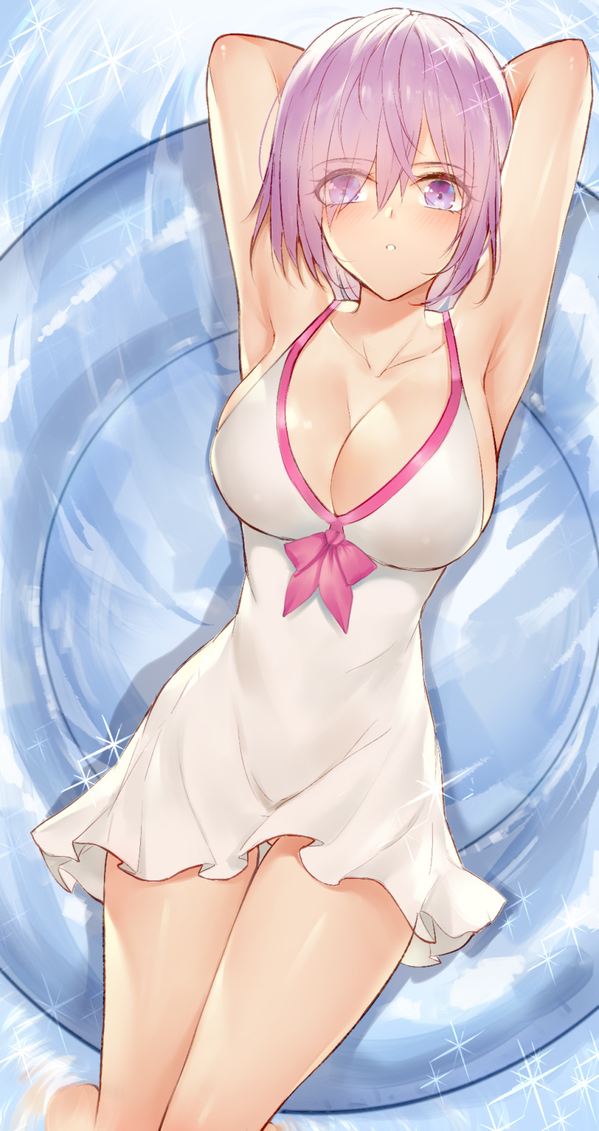 armpits ass_visible_through_thighs bare_arms bare_shoulders blush bow bow_swimsuit breasts casual_one-piece_swimsuit cleavage commentary dress_swimsuit eyebrows_visible_through_hair eyes_visible_through_hair fate/grand_order fate_(series) from_above hair_over_one_eye halterneck highres horz innertube large_breasts lavender_hair looking_at_viewer lying mash_kyrielight on_back one-piece_swimsuit pink_bow purple_eyes shiny shiny_skin short_hair sideboob swimsuit swimsuit_of_perpetual_summer wading water white_swimsuit