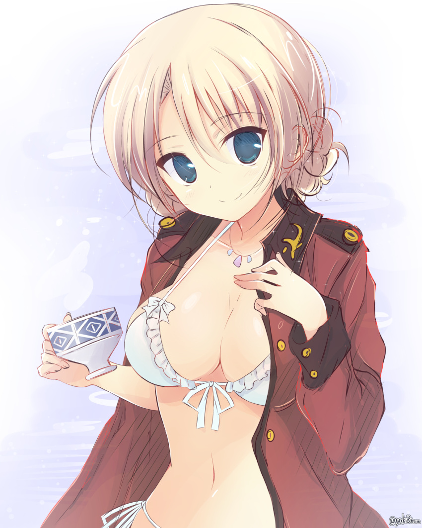 bangs bikini blonde_hair blue_eyes blush breasts cleavage closed_mouth commentary cup darjeeling epaulettes eyebrows_visible_through_hair frilled_bikini frills front-tie_bikini front-tie_top getsumen_suibaku_ver._a(c) girls_und_panzer head_tilt highres holding holding_cup jacket jewelry large_breasts long_sleeves looking_at_viewer military military_uniform navel necklace open_clothes open_jacket red_jacket short_hair side-tie_bikini smile solo sparkle st._gloriana's_military_uniform swimsuit teacup tied_hair twitter_username uniform upper_body