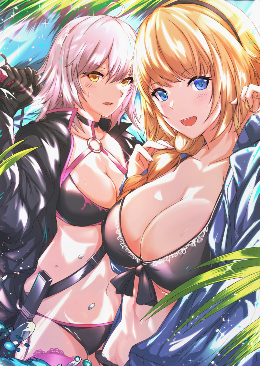 :d ahoge antiqq arm_up bangs bikini black_bikini black_gloves black_hairband black_jacket blonde_hair blue_eyes blue_jacket blush braid breasts cleavage collarbone commentary day eyebrows_visible_through_hair fate/grand_order fate_(series) fingernails gloves hair_between_eyes hairband highres holding holding_sword holding_weapon jacket jeanne_d'arc_(alter_swimsuit_berserker) jeanne_d'arc_(fate)_(all) jeanne_d'arc_(swimsuit_archer) katana large_breasts long_hair multiple_girls navel o-ring o-ring_bikini o-ring_bottom o-ring_top open_clothes open_jacket open_mouth orange_eyes outdoors palm_tree parted_lips pink_legwear shrug_(clothing) silver_hair single_braid smile sweat swimsuit sword thighhighs tree v-shaped_eyebrows water weapon