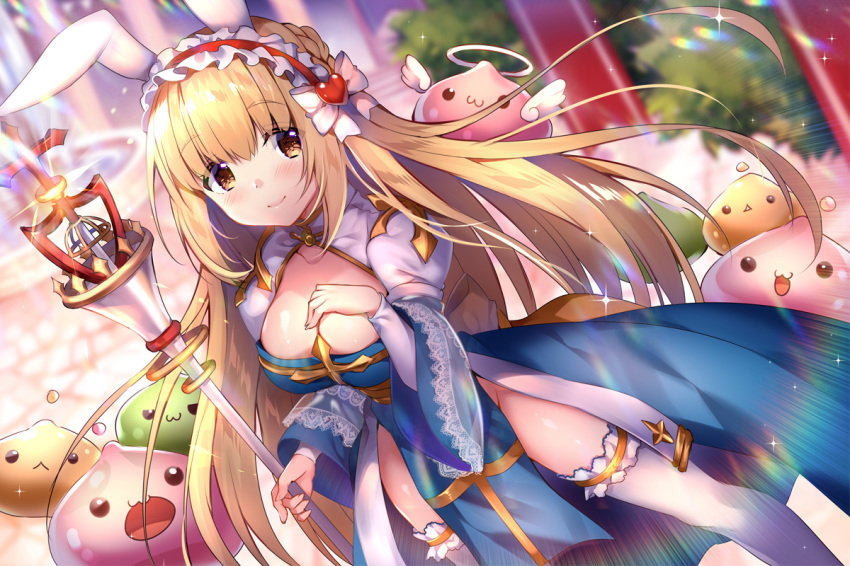 :&lt; :3 :d angeling animal_ears archbishop bangs blonde_hair blue_dress blurry blurry_background bow breasts brown_eyes bunny_ears cleavage closed_mouth commentary_request depth_of_field dress drops_(ragnarok_online) eyebrows_visible_through_hair frilled_hairband frilled_legwear frills groin hair_between_eyes hair_bow hairband halo heart holding holding_staff long_hair medium_breasts open_mouth parted_lips poporing poring ragnarok_online red_hairband slime smile solid_circle_eyes solo staff standing thighhighs triangle_mouth usagihime very_long_hair white_bow white_legwear white_wings wings