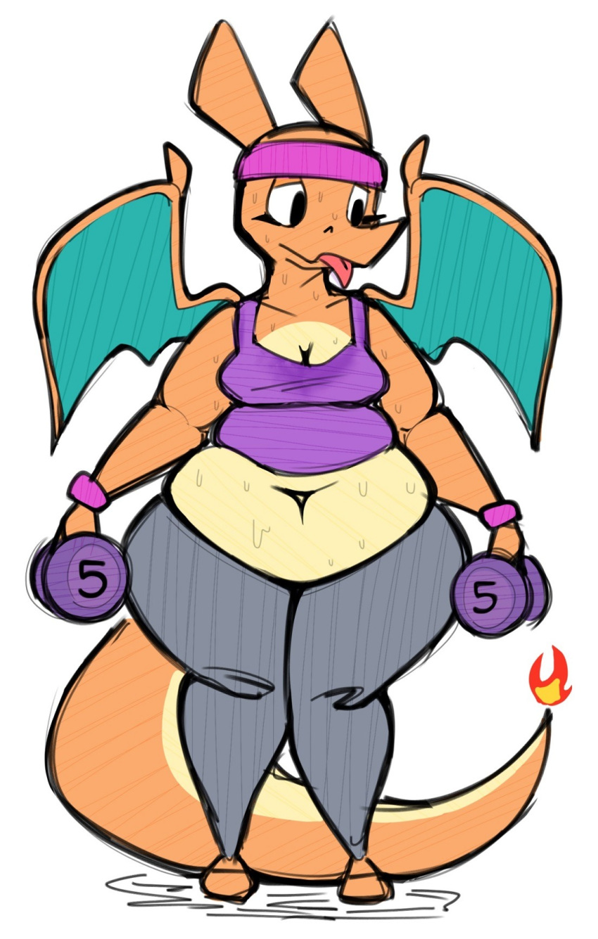 aimbot-jones anthro belly big_belly breasts charizard cleavage clothed clothing dragon exercise female fire headband navel nintendo overweight pants pok&eacute;mon pok&eacute;mon_(species) pok&eacute;morph scalie shirt solo sweat sweatband tank_top text thick_thighs valentina_(aimbot-jones) video_games weights wide_hips wings