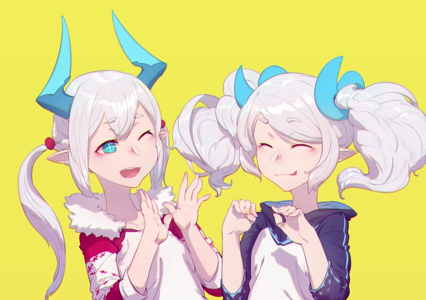 absurdres chiliarch_(elsword) demon_girl demon_horns elsword eyebrows_visible_through_hair fur-trimmed_jacket fur_trim highres hood hoodie horns jacket luciela_r._sourcream multiple_girls noblesse_(elsword) one_eye_closed pointy_ears smile star star-shaped_pupils symbol-shaped_pupils twintails white_hair zhang492382336