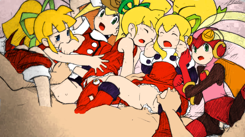 00s 3boys 5girls android blonde_hair blue_eyes boots cum cum_in_pussy dress eyes_closed flat_chest gloves green_eyes hair_ribbon helmet hetero knee_boots long_hair multiple_boys multiple_girls open_mouth pantyhose ponytail red_shorts red_skirt resized ribbon rockman rockman_(classic) rockman_dash rockman_exe rockman_rockman roll roll_caskett roll_exe sex shorts skirt vaginal