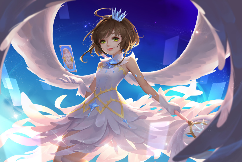 brown_hair cardcaptor_sakura clear_card crown day detached_collar dress feather_trim feathered_wings flat_chest flying gem gloves green_eyes highres jz kinomoto_sakura lens_flare lips magical_girl mini_crown nose outstretched_hand short_hair sky smile solo staff star_(sky) starry_sky white_dress white_gloves white_wings wings yume_no_tsue