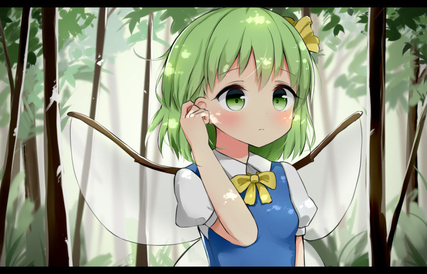 antidote arm_at_side arm_up blue_dress blurry breasts commentary_request daiyousei day depth_of_field dress eyebrows_visible_through_hair fairy_wings forest green_eyes green_hair hair_between_eyes hair_ribbon hand_in_hair letterboxed light_frown looking_to_the_side nature outdoors partial_commentary pinafore_dress puffy_short_sleeves puffy_sleeves ribbon shirt short_hair short_sleeves small_breasts solo touhou transparent_wings upper_body white_shirt wing_collar wings yellow_neckwear yellow_ribbon